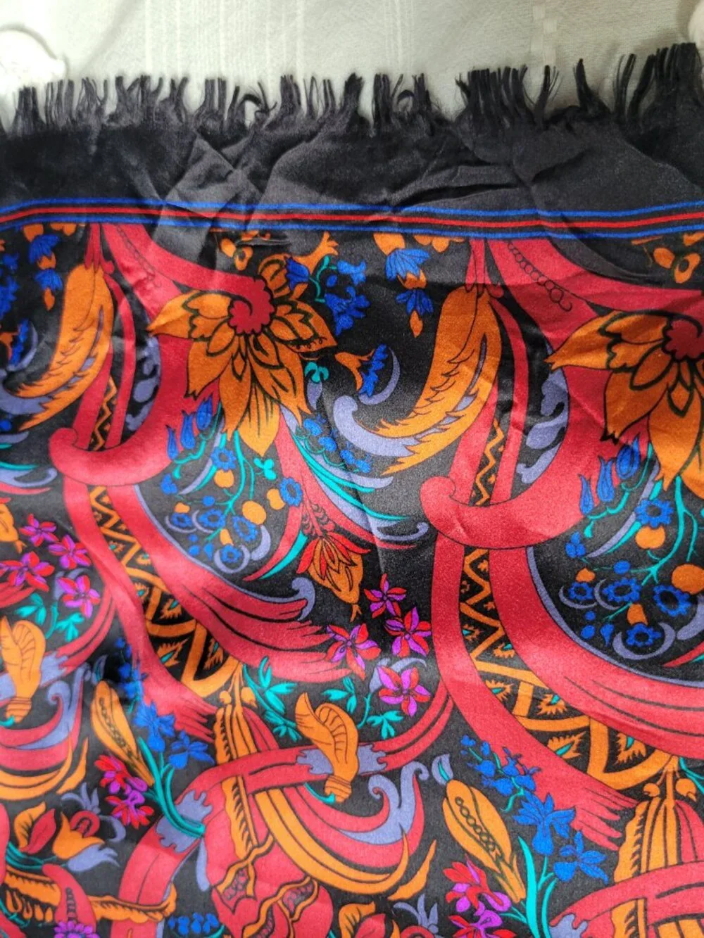 Vintage 100% Silk Oblong Scarf Black Floral Scroll Vibrant Colorful 14